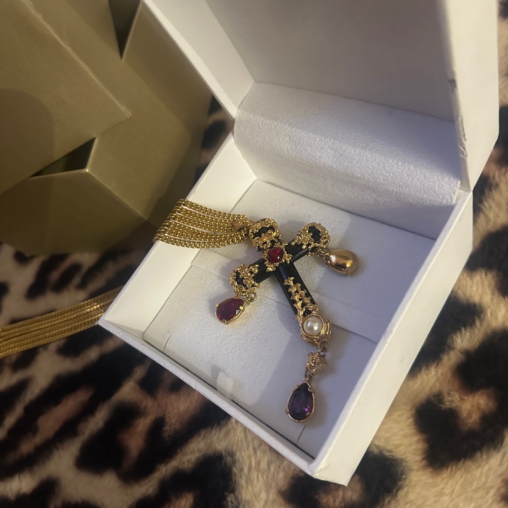 Versace Vintage Gold-Tone Black Cross Pendant Necklace with Red Gem Accents - Picture 2 of 3